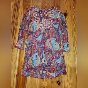 Raj Dress Womens Med. Pink and Blue Floral Boho Sheer Embroidered India